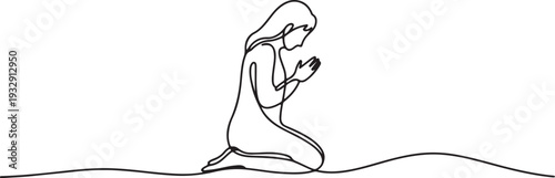 Continuous single line drawing woman praying. Beautiful woman praying on her knees, Praying Woman Continuous Line Drawing Faith. Religion. Linear One continuous line isolated minimalist illustration. 