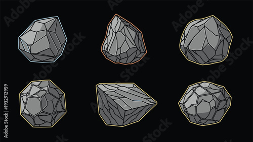 Collection of six grey rock and mineral illustrations with thin colored outlines against a black background for geological and natural study.