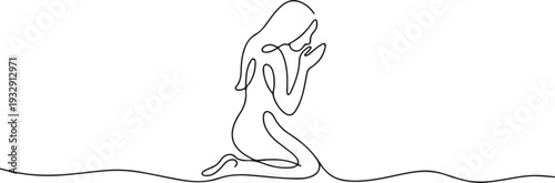 Continuous single line drawing woman praying. Beautiful woman praying on her knees, Praying Woman Continuous Line Drawing Faith. Religion. Linear One continuous line isolated minimalist illustration. 