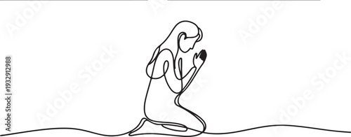 Continuous single line drawing woman praying. Beautiful woman praying on her knees, Praying Woman Continuous Line Drawing Faith. Religion. Linear One continuous line isolated minimalist illustration. 