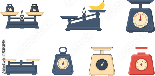 Weight Scale Icon Set with Vintage Balance Scales, Digital Kitchen Scales, Mechanical Weighing Machines, and Precision Tool Vector.