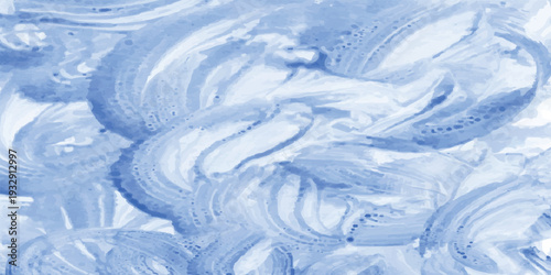 An abstract blue water background texture featuring frozen ice bubbles and cold winter light