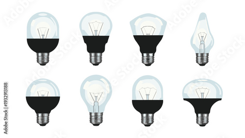 Collection of eight different light bulb shapes and designs including traditional, globe, candle, and spotlight types for interior lighting concepts.