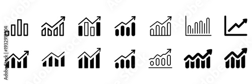 Growth icon set. Containing arrow up, growing graph, business chart icons. Vector illustration.