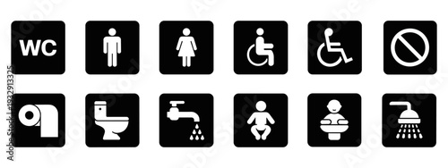 Toilet icon set. WC and Public bathroom symbol. Washroom sign. Vector illustration.