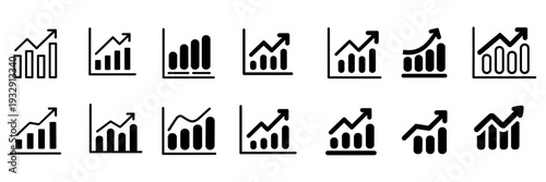 Growth icon set. Containing arrow up, growing graph, business chart icons. Vector illustration.