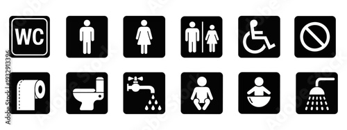 Toilet icon set. WC and Public bathroom symbol. Washroom sign. Vector illustration.