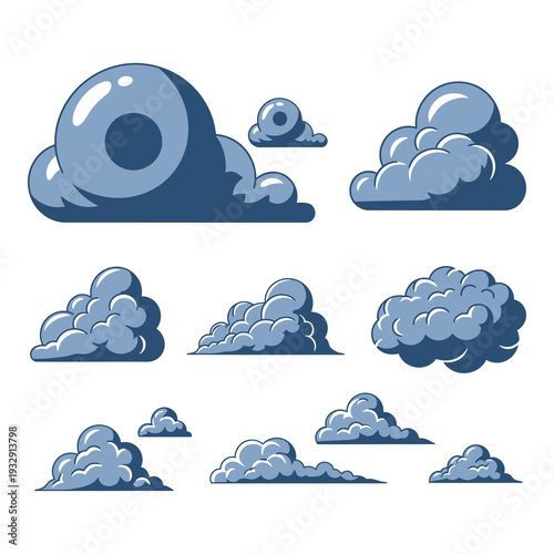 Collection of various blue cartoon clouds on white background icon