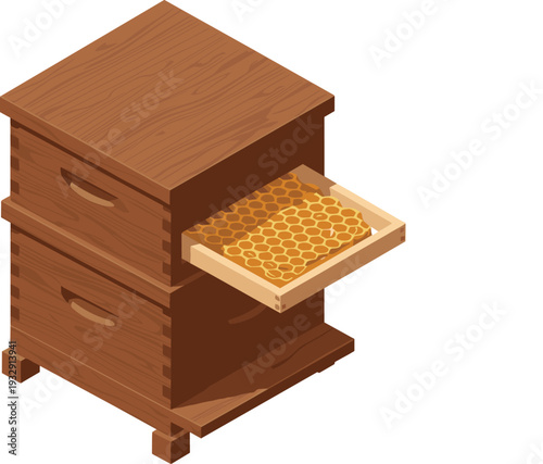 Wooden Beehive Box Icon Illustration with Honeycomb Frame Drawer for Beekeeping, Honey Production, and Organic Farming Design