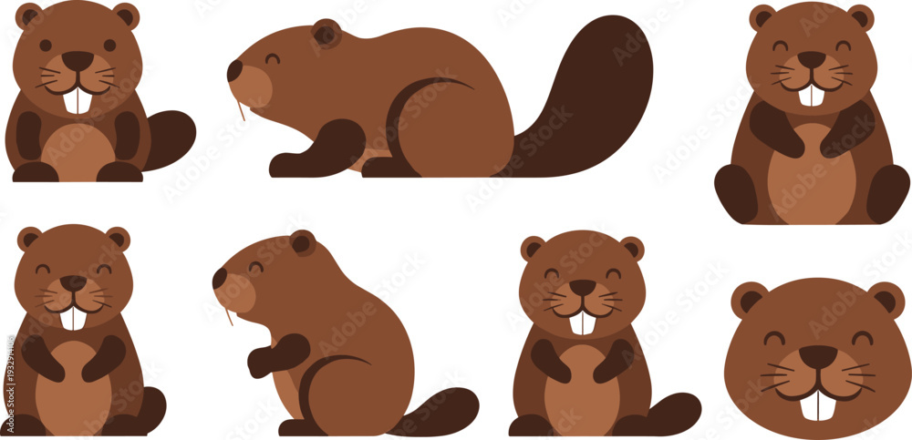 Fototapeta premium Cute Beaver Character Set with Funny Brown Rodent Mascots, Smiling Woodworking Animals in Different Poses, Vector Illustration.