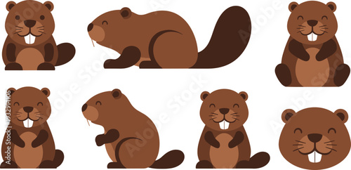 Cute Beaver Character Set with Funny Brown Rodent Mascots, Smiling Woodworking Animals in Different Poses, Vector Illustration.