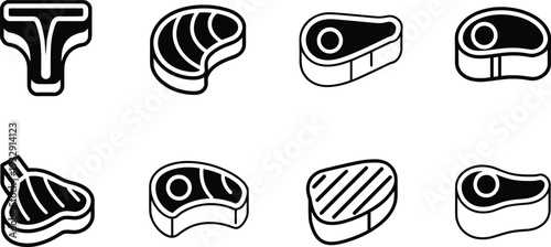 Steak and meat cut icon set with beef pork chop grilled steak line art vector illustration collection