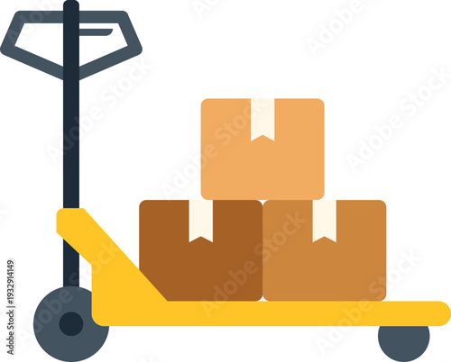 Hand pallet jack moving stacked cardboard boxes, representing delivery and storage processes