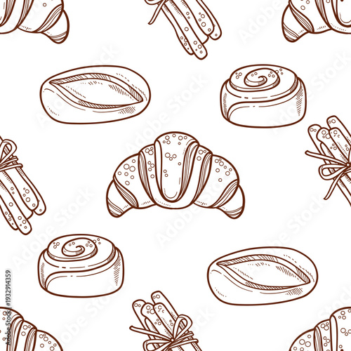 French Croissants, grissini, short baguette line art on white seamless pattern background