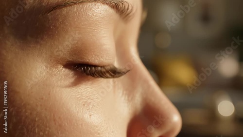 Eyelashes in sunlight. Close-up view of eyelashes illuminated by sunlight, revealing delicate shadows against the skin.