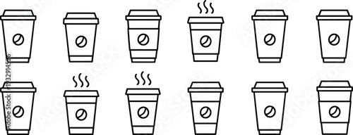 Takeaway coffee cup line icon set, hot drink paper mug outline vector illustration collection for cafe branding