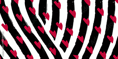 Bold red hearts scattered across a striking black and white striped background
