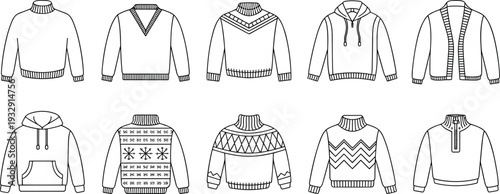 Sweater and hoodie icon set with knitted pullover cardigan and winter jumper line art vector illustration collection
