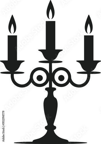 Black silhouette of a three-branched candelabra with lit candles white