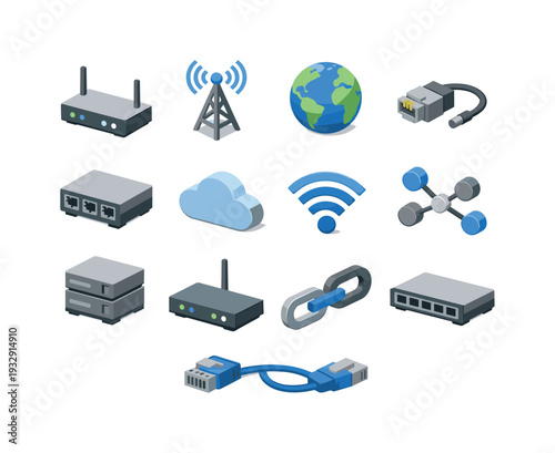 Isometric vector icons of Internet Network Connection: modem, antenna; globe, plug, hub, cloud, signal, node, server, router,