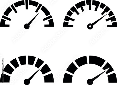 Four black and white speedometer gauge icons displayed in a grid layout