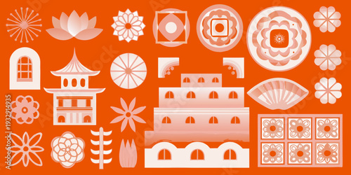 Collection of stylized orange and peach illustrations inspired by asian motifs
