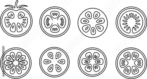 Tomato slice icon set with fresh vegetable cross section line art vector illustration collection isolated on white