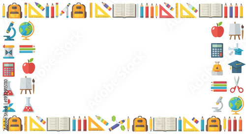 Frame border made of school supplies and education icons on white background