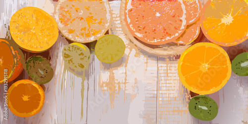 A vibrant still life painting of sliced citrus fruits and kiwi