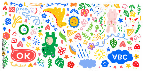 Colorful doodle illustration featuring dinosaurs flowers hearts and playful shapes