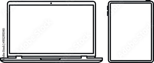 Line drawing of a laptop and a tablet device placed side by side