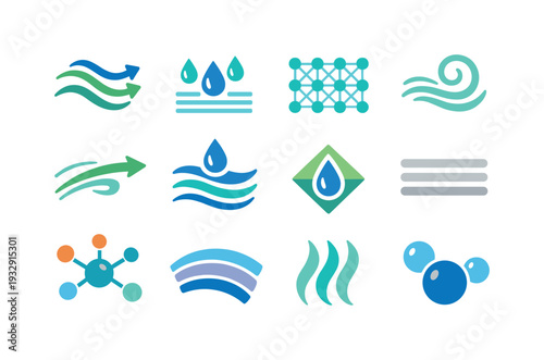 Flat vector icons of humidity and air: air-mix contour, condensation cue, atmospheric mesh, thin swirl tile, breeze arrow arc