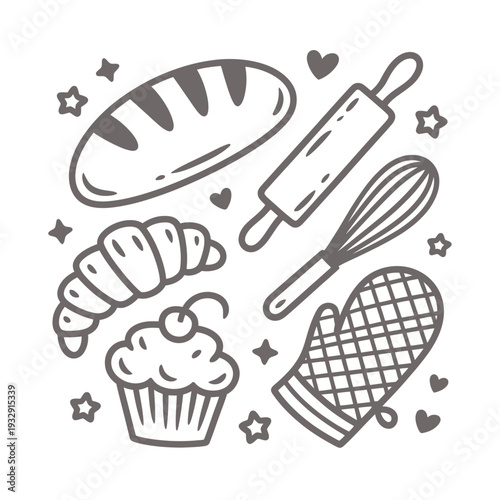 Bakery and Pastry Cooking Doodle with Bread Cupcake and Kitchen Tools