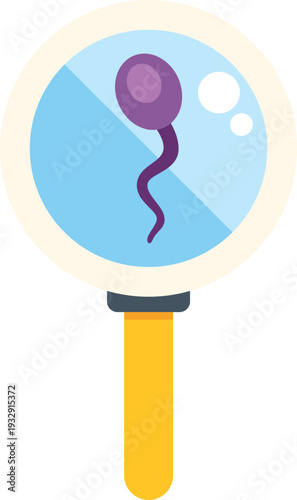 Magnifying glass reviewing a purple sperm cell, illustrating fertility and reproduction