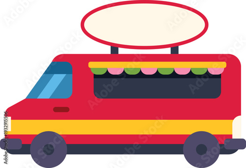 Red food truck illustration with blank sign providing quick meal service