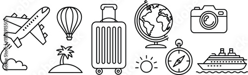 Travel and tourism line icon set, airplane luggage globe compass cruise camera island outline vector illustration collection for vacation branding