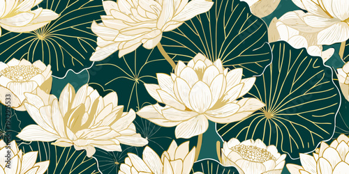 Elegant floral pattern featuring golden lotus flowers on a dark background