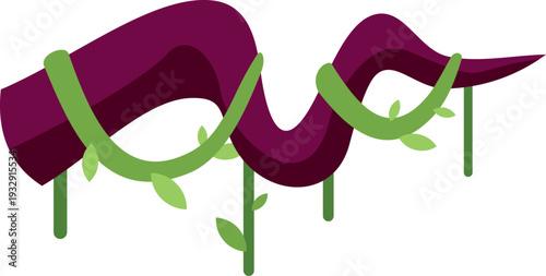 Stylized purple jungle branch with green tropical liana vines and leaves