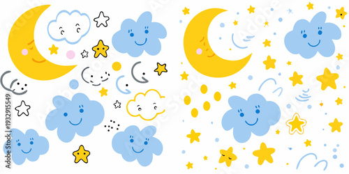 Cute cartoon clouds moons and stars with smiling faces on white