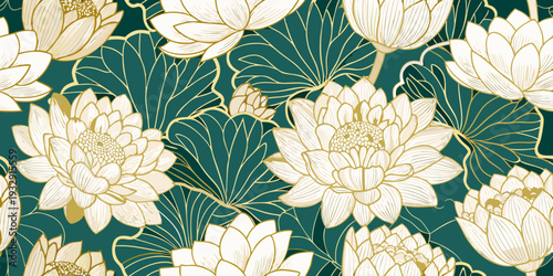 Elegant floral pattern featuring golden lotus flowers on a teal background