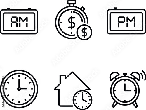 Set of icons representing time management and daily routines with financial and home elements