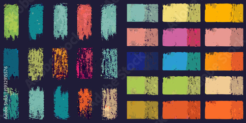 Abstract arrangement of textured rectangular color swatches on a dark background