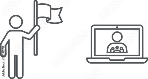 Person waving a flag next to a laptop with a video call interface