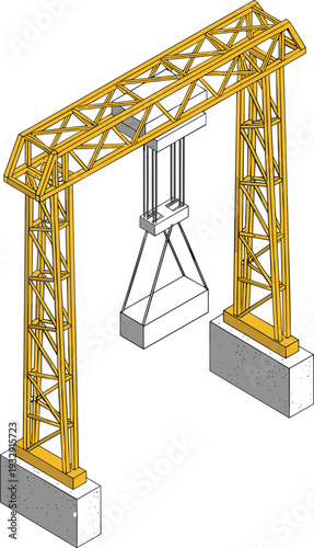 Industrial Gantry Crane Icon Illustration with Suspended Concrete Block for Construction, Engineering, and Heavy Equipment Design Projects