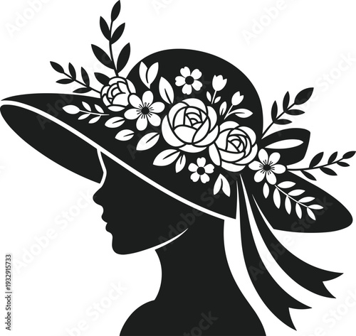 Silhouette of a woman wearing an Easter bonnet adorned with flowers and leaves head