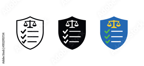 Symbolic Resolution Icons. Gateway of resolution expressed as a symbolic checklist shield indicating fairness, validation, and
