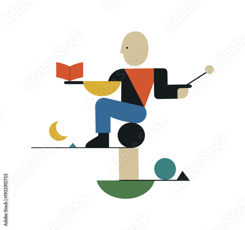 Single abstract geometric figure balances linked and aligned shapes while surrounding elements remain controlled, illustrating