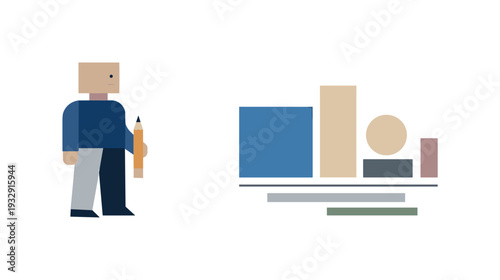 Calm abstract geometric figure stands beside final orderly arrangement of interrelated minimal shapes in wide empty space,