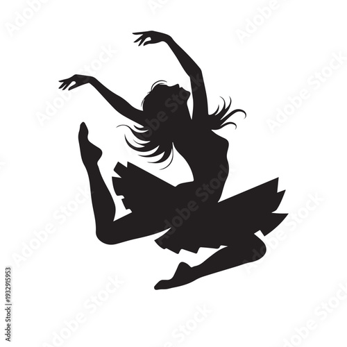 Black vector illustration of a dancing woman silhouette featuring a fit person in a dynamic jump for sport and fitness fun