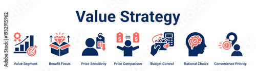 Value Strategy web banner icon vector illustration concept for business with icon of Value Segment, Benefit Focus, Price Sensitivity, Price Comparison, Budget Control, Rational Choice.